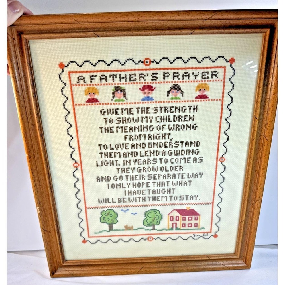 Vintage "A Father's Prayer" Handmade Professionally Framed Cross Stitch 15"x 14"